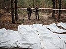 Vojáci hlídají u masového hrobu v izjumském lese. (16. záí 2022)