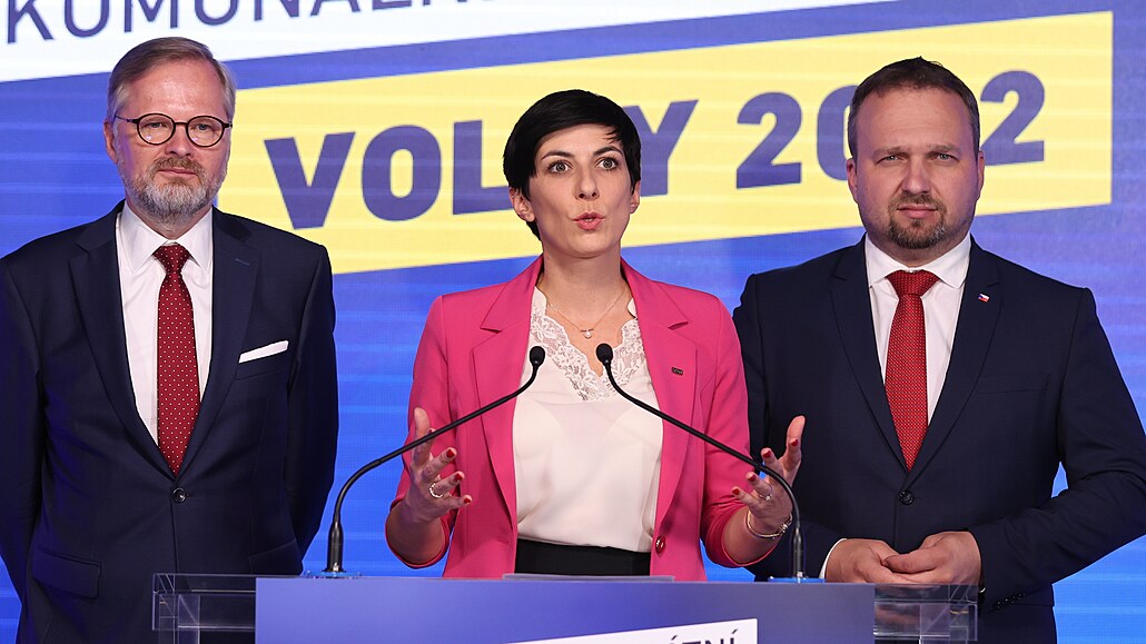 Markéta Pekarová Adamová hovo�í na tiskové konferenci ve �tábu koalice SPOLU....