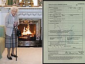 Královna Alžběta II. (Balmoral, 6. září 2022) a kopie úmrtního listu královny...