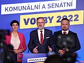 Petr Fiala hovoří na tiskové konferenci ve štábu koalice SPOLU. (24. září 2022)