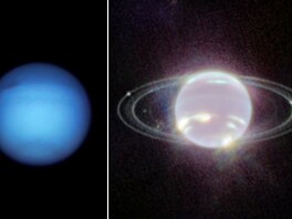 Snímky planety Neptun po�ízené sondou Voyager 2 (1989) Hubbleovým teleskopem...