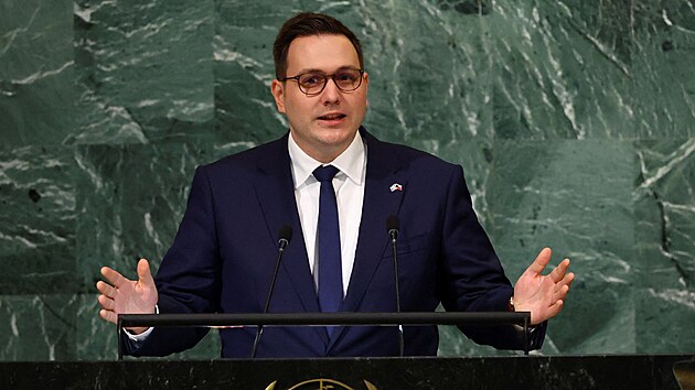 Český ministr zahraničí Jan Lipavský při projevu ve Valném shromáždění OSN. (21. září 2022)