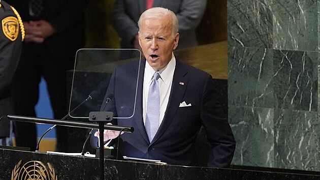 Americk prezident Joe Biden pi projevu na Valnm shromdn OSN. (21. z 2022)