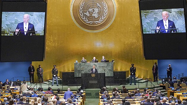Americk prezident Joe Biden pi projevu na Valnm shromdn OSN. (21. z 2022)
