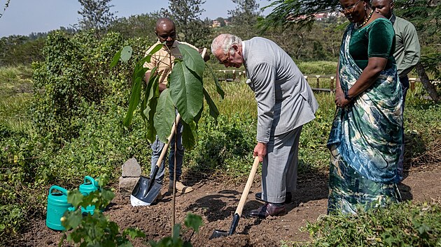 Krl Karel III. zasazujc strom na nvtv Rwandy. (23. ervna 2022)