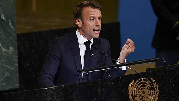 Francouzský prezident Emmanuel Macron promlouvá na 77. zasedání Valného...