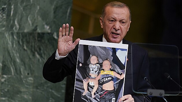 Tureck prezident Recep Tayyip Erdogan na 77. Valnm shromdn OSN v New Yorku. (20. z 2022)