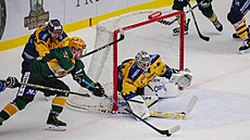 Zlínský branká Daniel Huf si hlídá brankovit.