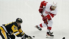 Filip Zadina (vlevo) z Detroitu st�ílí, Jake Guentzel z Pittsburhu se sna�í je...