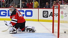 Branká Vítek Vanek z New Jersey inkasuje gól v zápase s New York Islanders.