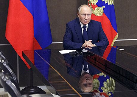 Ruský prezident Vladimir Putin hovoí bhem setkání prostednictvím...