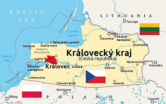 Mapa Kaliningradské oblasti pejmenované na Královecký kraj. Vznikla na základ...