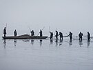 Ranní mlha provázela rybáe pi výlovu Romberka. (7. 10. 2022)