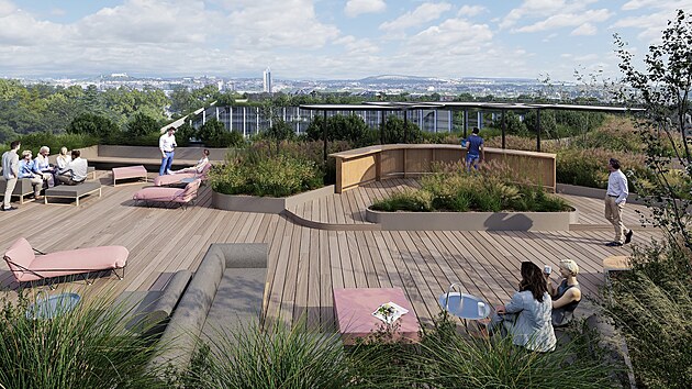Na střeše nejvyššího podlaží vznikne komunitní zahrada s kavárnou, která nabídne panoramatické výhledy na město.