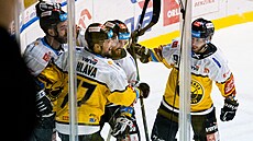Litvínovští hokejisté se radují z gólu Šimona Stránského (uprostřed).
