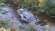 Řidič projel živým plotem a spadl do řeky Kamenice.