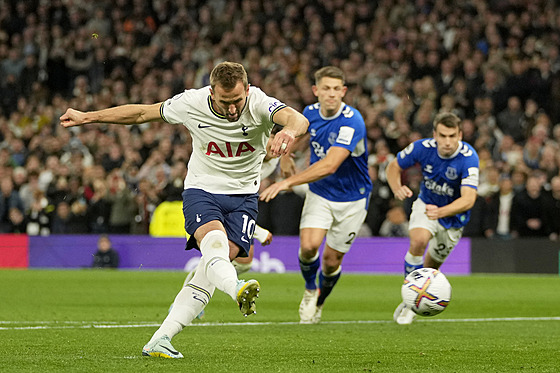 Harry Kane promuje penaltu proti Evertonu.