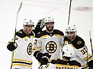 Hokejisté Bostonu oslavují vstelenou branku v prvním zápase nové sezony NHL...