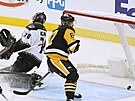 Kapitán Pittsburghu Sidney Crosby pekonává Karla Vejmelku.