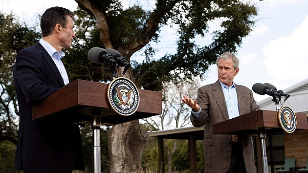 Americk prezident George Bush a tehdej dnsk premir Anders Fogh Rasmussen na Bushov rani v Texasu (1. bezna 2008)