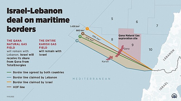 Libanon se s Izraelem dohodl na novm vymezen nmonch hranic. Zelen linie na tto infografice ukazuje, kudy by mly v budoucnu vst. (11. jna 2022)