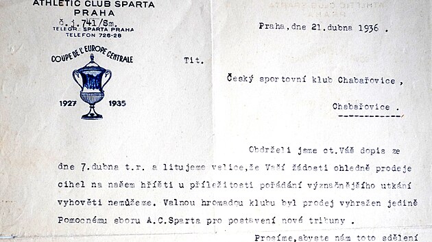 Dopis fotbalov Sparty Praha chabaovickmu klubu z roku 1936.