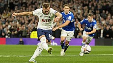 Harry Kane prom��uje penaltu proti Evertonu.