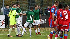 Hlu�ín�tí fotbalisté objímají svého branká�e Jakuba Lape�e po té, co chytil...