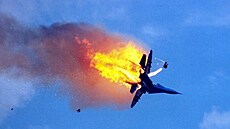 MiG-29 of the Russian Aerobatic Team after being hit by another MiG-29. Pilot...