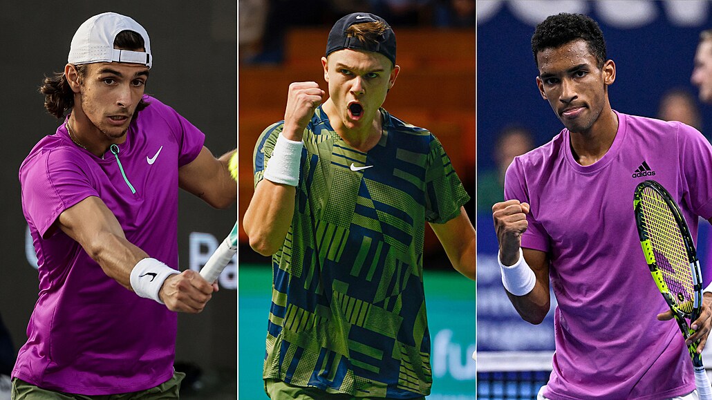 Tenisté zleva Lorenzo Musetti, Holger Rune a Félix Auger-Aliassime