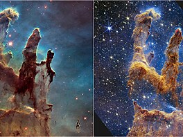 Porovnání snímk Pilí stvoení v Orlí mlhovin z Hubbleova dalekohledu...
