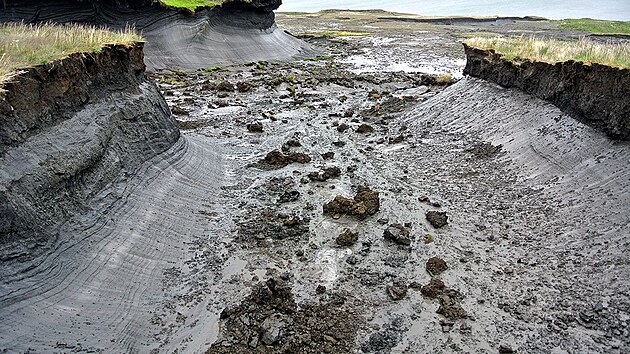 Tajc permafrost na ostrov Herschel Island, kter administrativn pat pod Aljaku.
