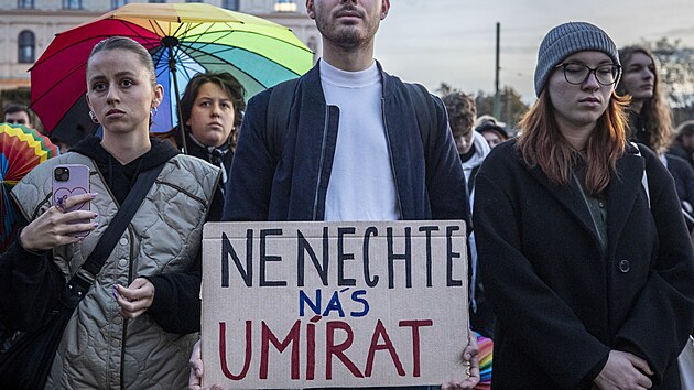 ��astn�ci pochodu nesli transparenty s hesly �Nenechte n�s um�rat� nebo �Nen�vist zab�j�. (21. ��jna 2022)