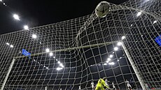 Plze�ský branká� Jind�ich Stan�k Inkasuje gól na Interu Milán v Lize mistr�.