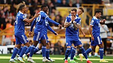 Fotbalisté Leicesteru slaví gól do sít Wolverhamptonu.