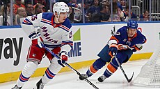 Libor Hájek (vlevo) z New York Rangers rozjídí akci, stíhá ho Matt Martin z...