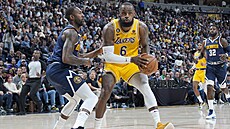 LeBron James (vpravo) z Los Angeles Lakers bránný Davonem Reedem z Denveru.