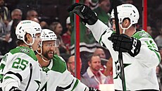 Joel Kiviranta (25), Luke Glendening (11) a Radek Faksa (12) slaví gól Dallas...