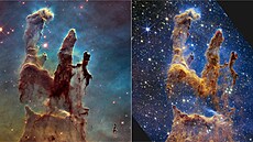 Porovnání snímk Pilí stvoení v Orlí mlhovin z Hubbleova dalekohledu...
