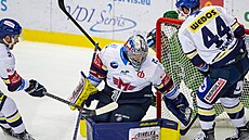 Branká� �eských Bud�jovic Jan Strme� zasahuje b�hem zápasu proti Mladé...