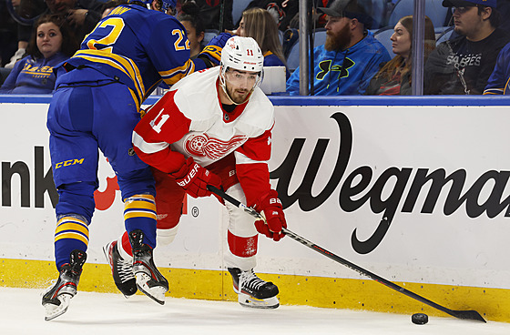 Filip Zadina (11) z Detroit Red Wings v zápase s Buffalo Sabres, zastavit se ho...