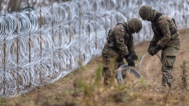 Polští vojáci staví harmonikový plot na polsko-ruské hranici v oblasti Kaliningradské oblasti. (3. listopadu 2022)