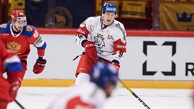 David Skleni�ka v utk�n� proti Rusku na �v�dsk�ch hokejov�ch hr�ch.