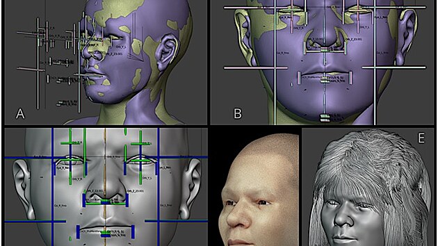 Přiblížení závěrečných kroků forenzní aproximace obličeje během digitální rekonstrukce.
