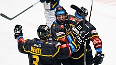 Litvínovtí hokejisté Patrik Demel, Filip Helt a Martin Havelka (zleva) slaví...