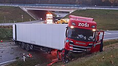 Havárie kamionu na D3 u eských Budjovic (5. listopadu 2022).