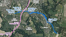 Fialová znaí trasu dálnice D3 kolem eských Budjovic, modrá ukazuje napojení...