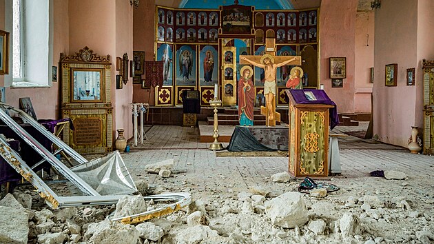 Kostel v ukrajinsk obci Miroliubivka znien po deru rusk armdy (12. listopadu 2022)