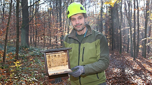 Zoolog Evžen Tošenovský z olomoucké přírodovědecké fakulty rozmisťoval netopýří budky na stromy v ostravských částech Třebovice a Plesná.
