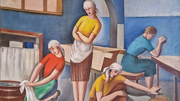 Olej na plátně s názvem Pradleny představuje tvorbu Kašparové v 50. letech 20. století, kdy tvořila tendenčně.
